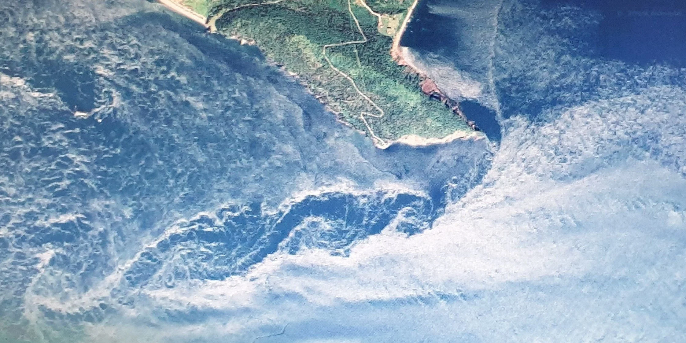 Aerial view of a coastline with a forested area, cliffs, and waves crashing against rocks along the shore.