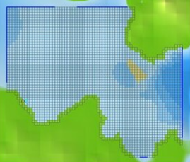 A pixelated map showing water and land, with a blue grid overlay and a tree on the upper right side.