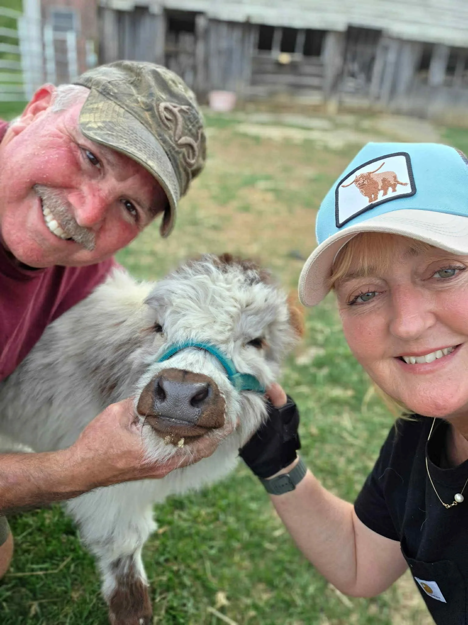 Image featuring a selfie taken during a farm visit where you get to play with mini cows