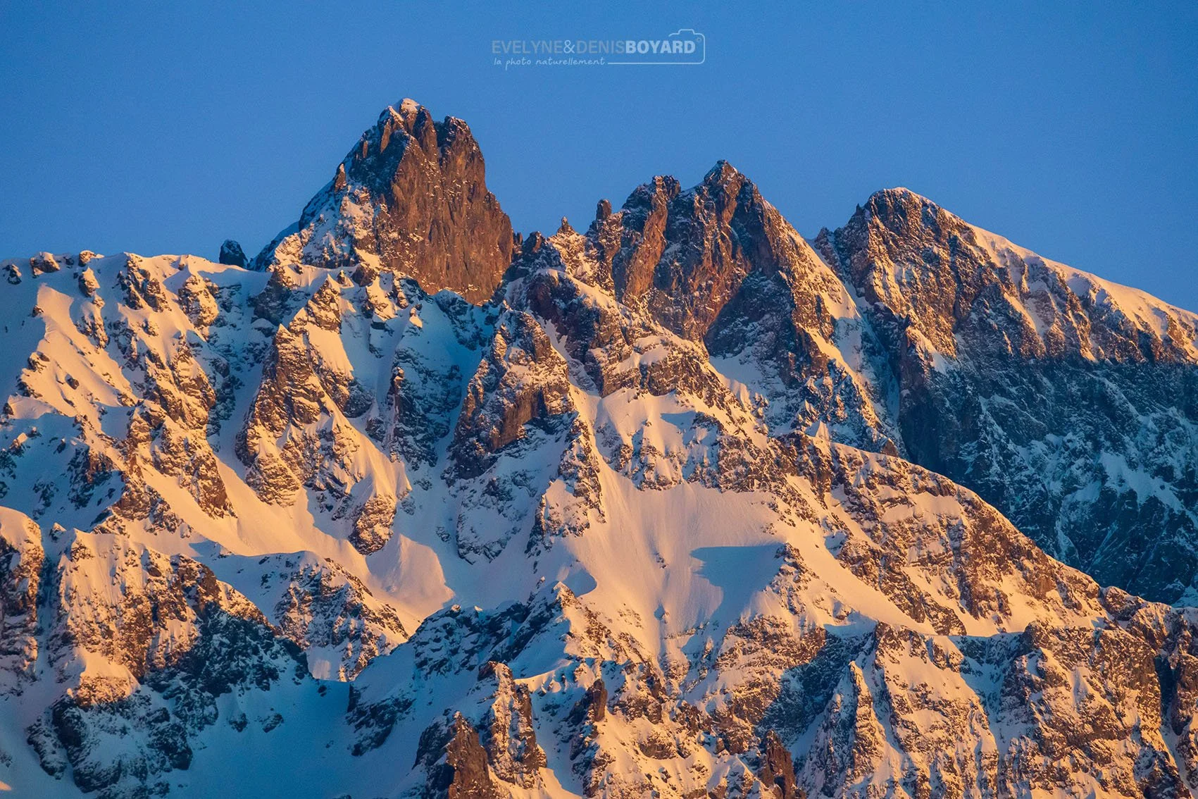 Cimes enneigées au soleil couchant, Massif de la Chartreuse (Isère).