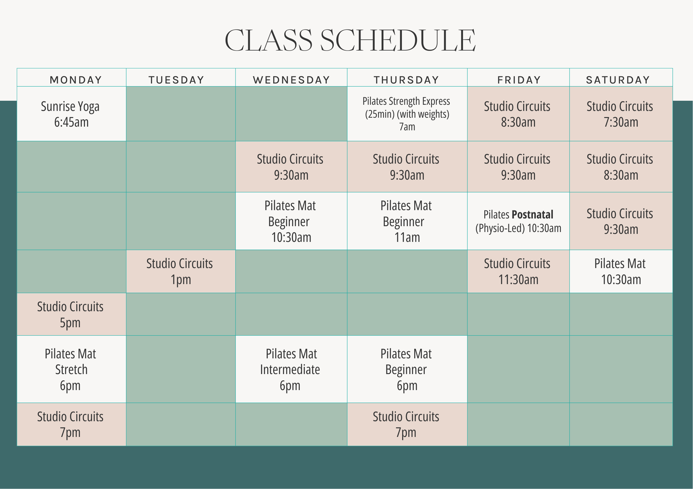 A weekly class schedule for a fitness studio, listing various classes like sunrise yoga, studio circuits, Pilates Mat, Pilates Strength Express, Postnatal Pilates, and intermediate Pilates, organized by days of the week with times.