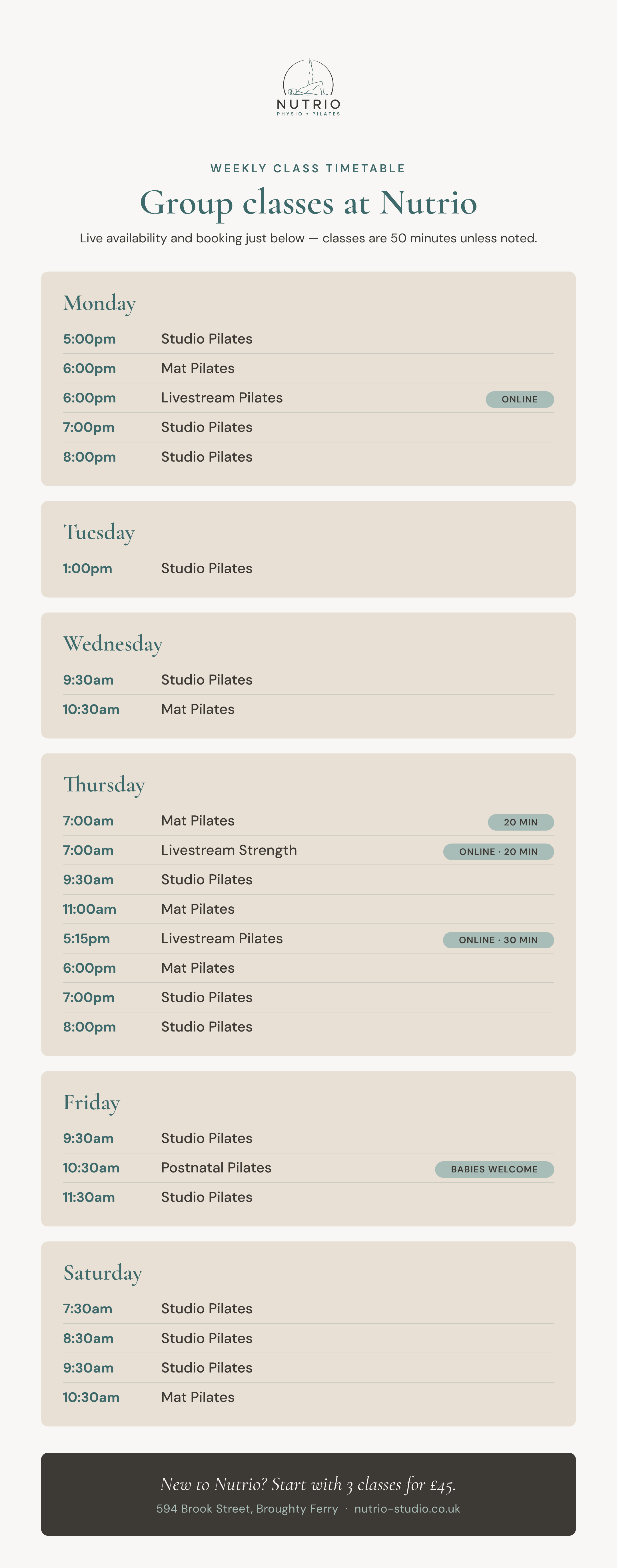 Weekly group class timetable for Nutrio Pilates studio, listing class times from Monday to Saturday, including Pilates and livestream online options.