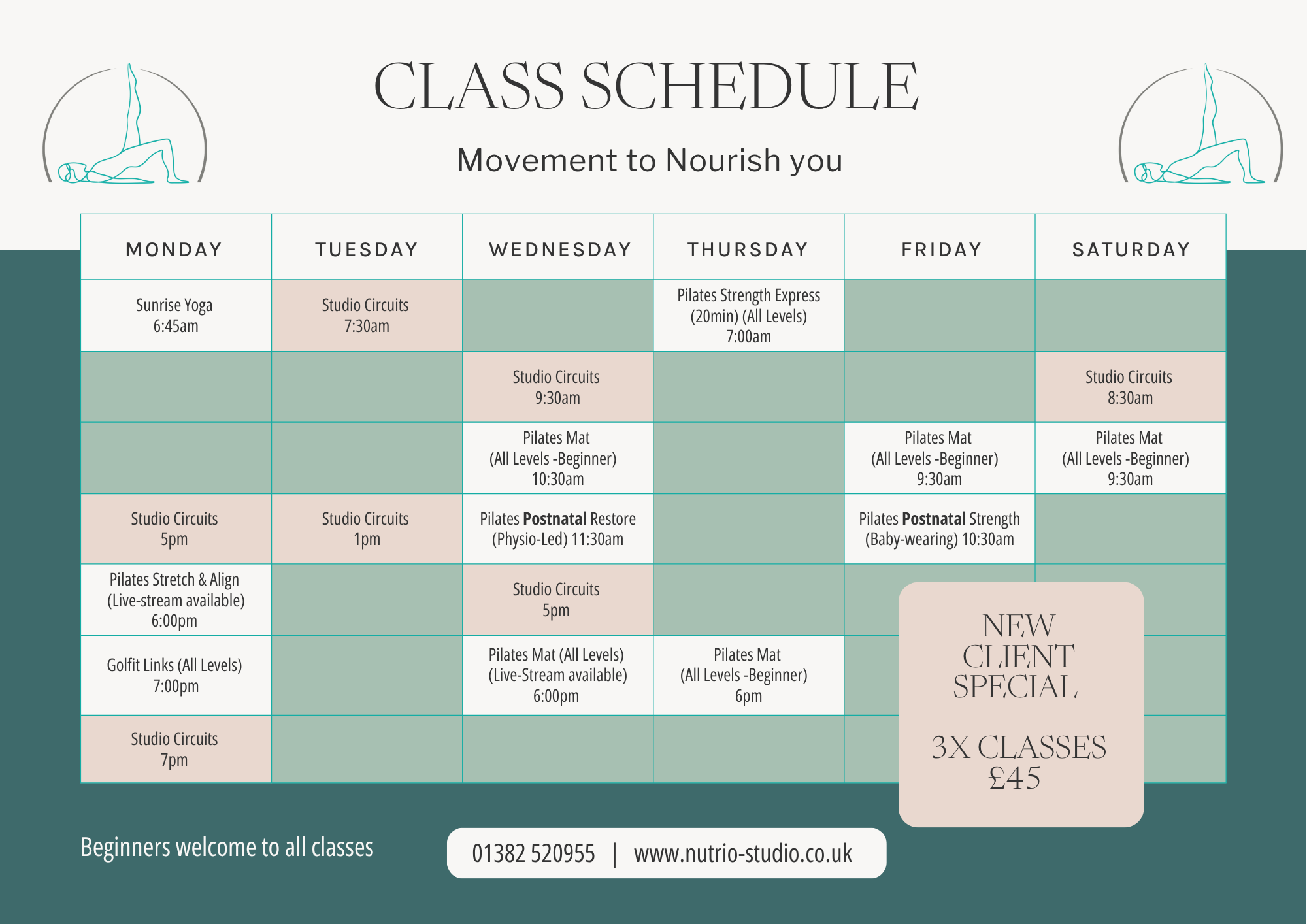 Weekly class schedule for a fitness studio with classes including yoga, studio circuits, Pilates, postnatal restore, stretch and align, golf, and baby-wearing Pilates, along with timings and notes about live-stream availability.