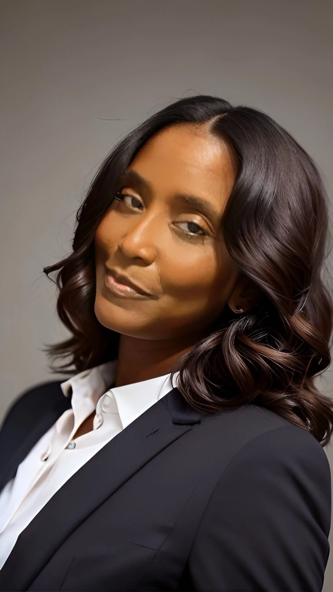 A professional woman with wavy dark brown hair, wearing a black blazer and a white shirt, looking at the camera with a slight smile.