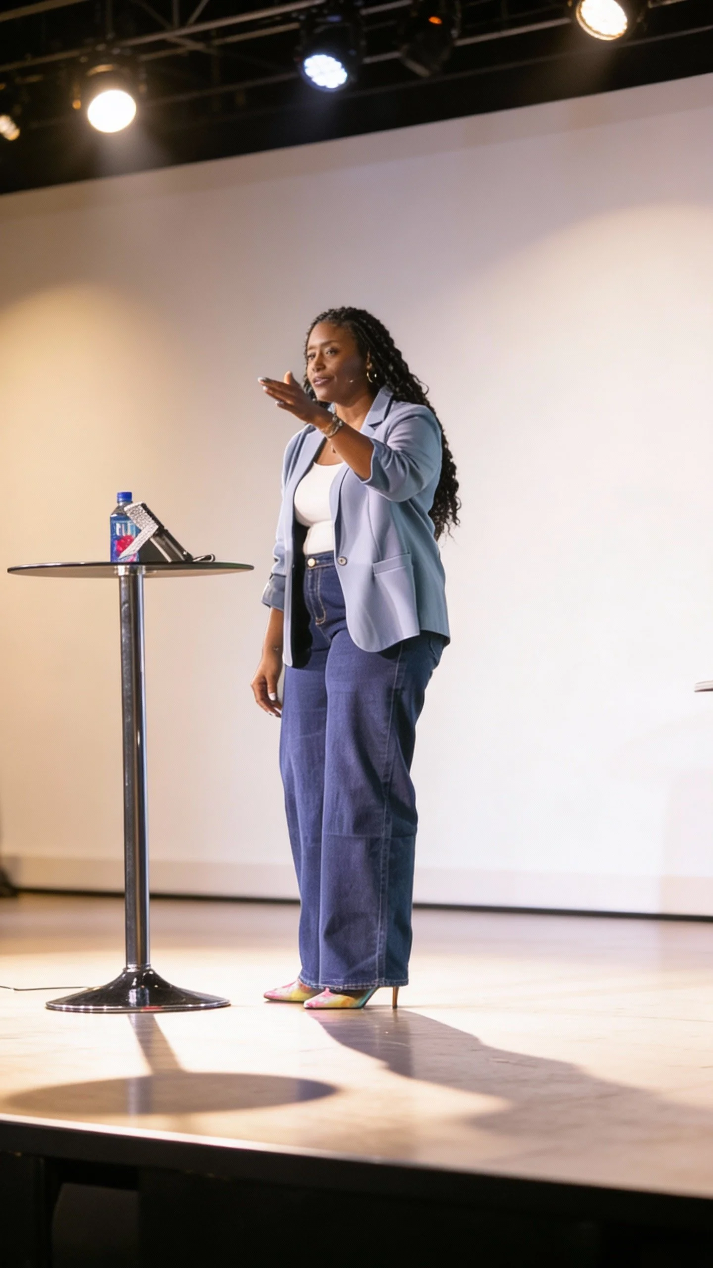 A woman in a white blazer and red headband speaking into a microphone on stage with a live band in the background and pink lighting.