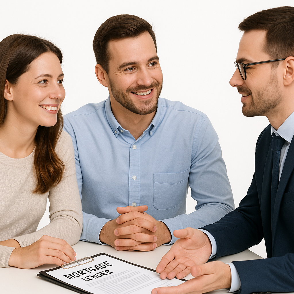 A mortgage lender and a couple discussing a mortgage agreement at a table, with a document labeled 'Mortgage Lender' visible.