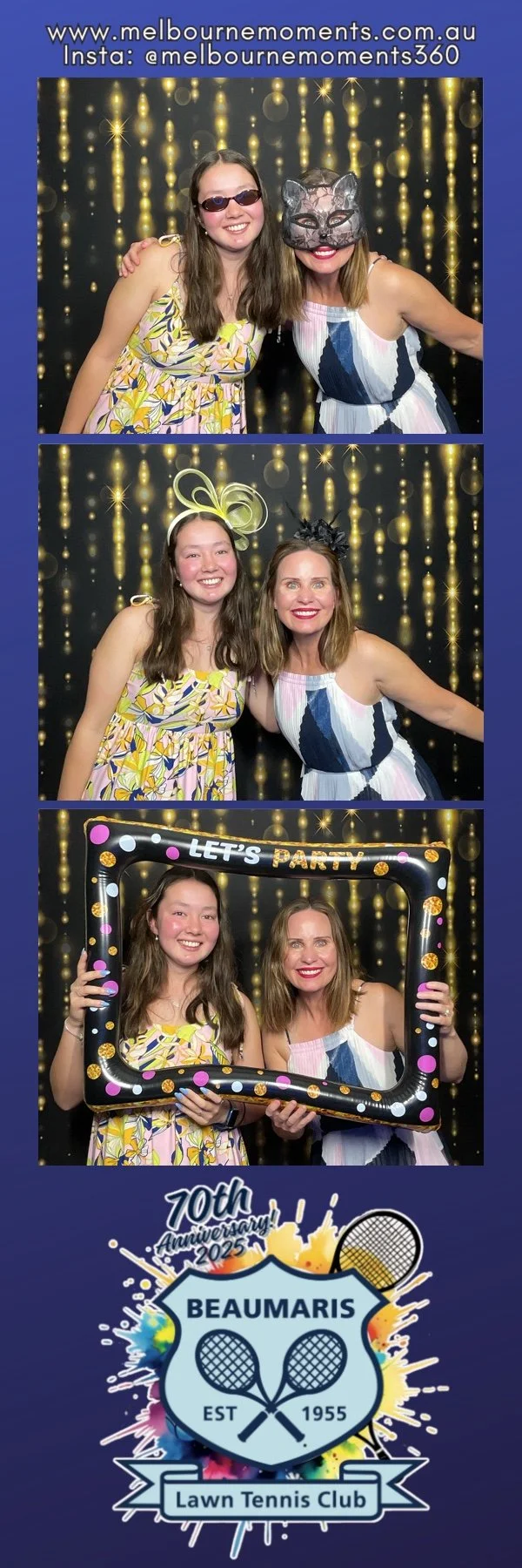 Three women at a tennis club, taking photos in a photo booth with a black background decorated with gold lights and confetti. In the first photo, they are smiling; the woman on the right wears a cat mask, the woman on the left has sunglasses. In the 
