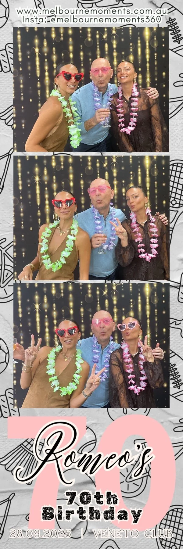 Photo booth pictures of three people celebrating Romeo's 70th birthday. They are making playful facial expressions and wearing colorful leis and large, fun sunglasses. The background features a string of glowing lights, and the invitation indicates t