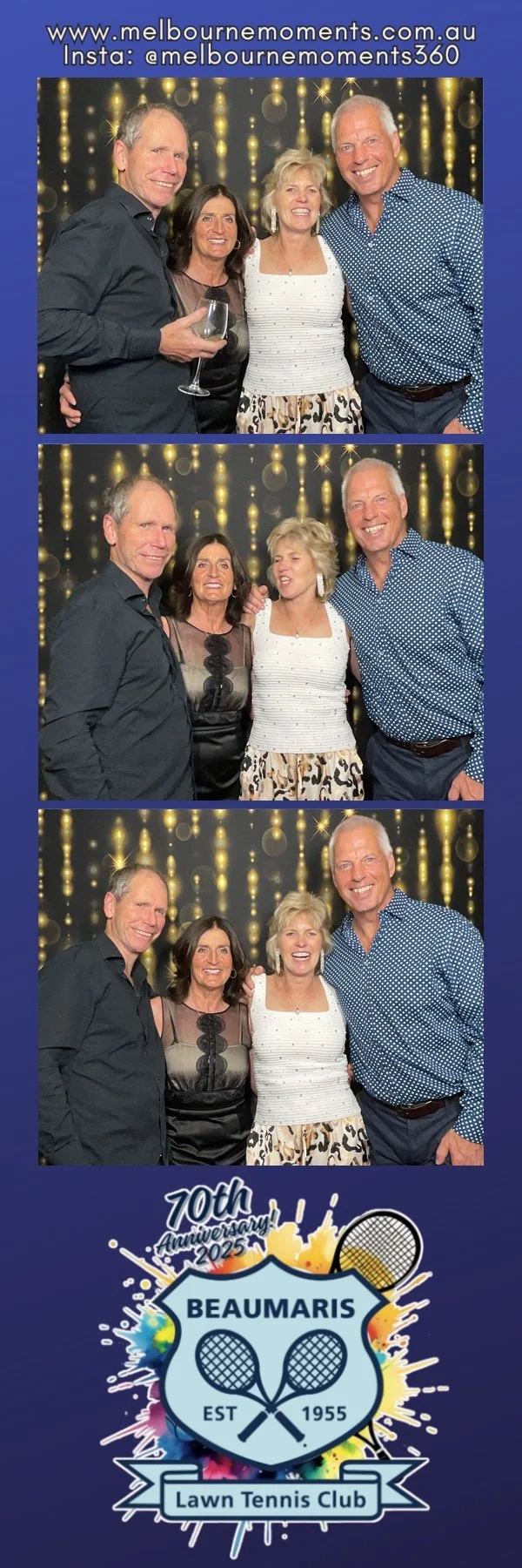 Photo booth images of four adults celebrating at the 70th anniversary of Beaumar's Lawn Tennis Club, featuring a colorful logo at the bottom with tennis rackets and a splash of colors.