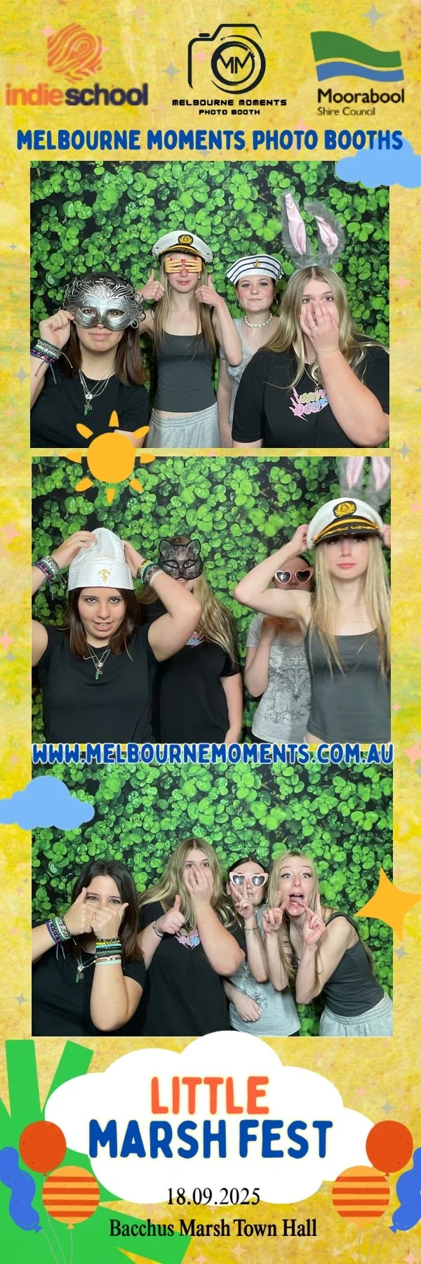 Photo booth strip featuring four girls with animal and pilot hats, glasses, and masks, set against a leafy green background. The event is Little Marsh Fest on September 18, 2025, at Bacchus Marsh Town Hall, with branding for Melbourne Moments, Indie