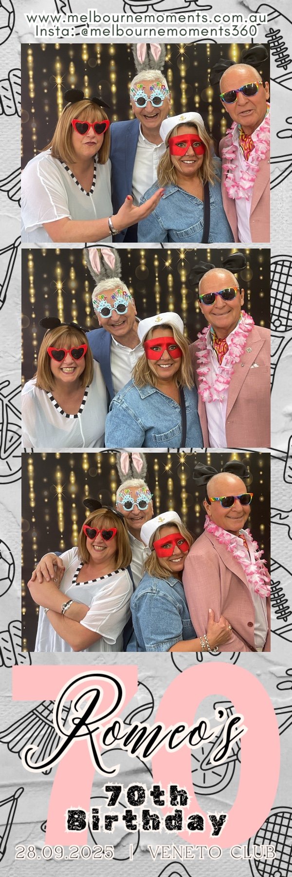 Photo booth strip with three pictures of four people celebrating Romeo's 70th birthday at Veneto Club. They are wearing fun birthday accessories like bunny ears, heart-shaped sunglasses, and red face masks, with decorated backdrop and birthday text.