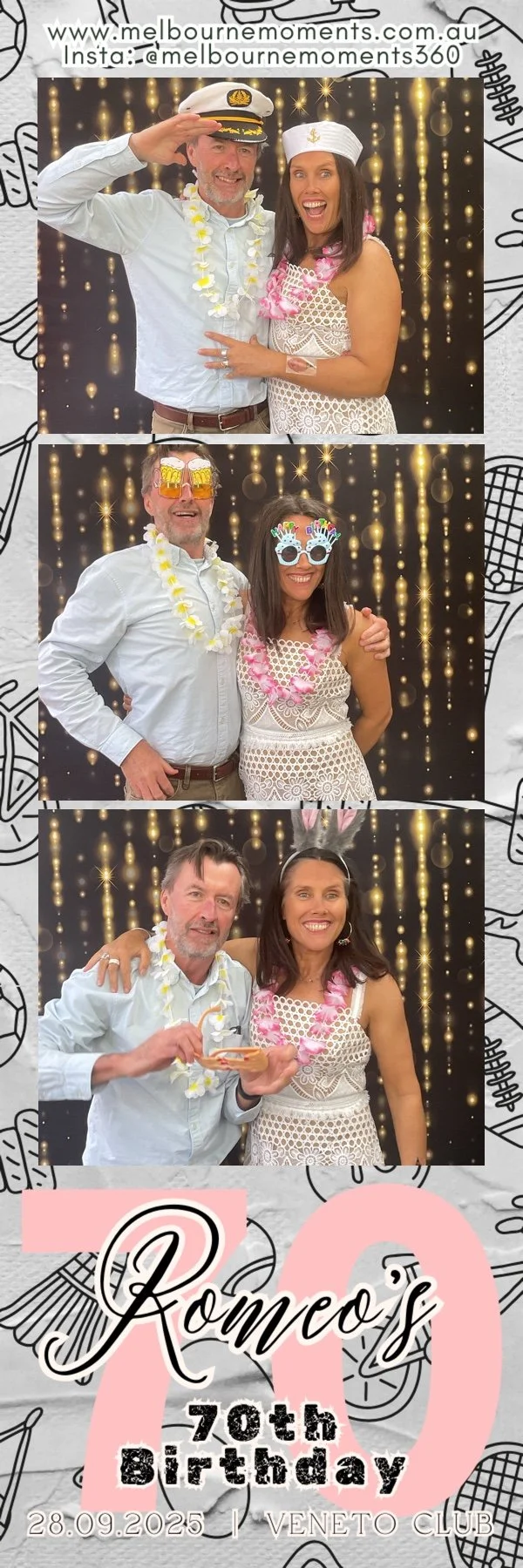 Three photos from a birthday celebration with a black and gold sparkly background. In the first photo, a man and woman are dressed in white, with the man wearing a captain's hat and the woman a sailor's hat, both smiling and wearing lei necklaces. In