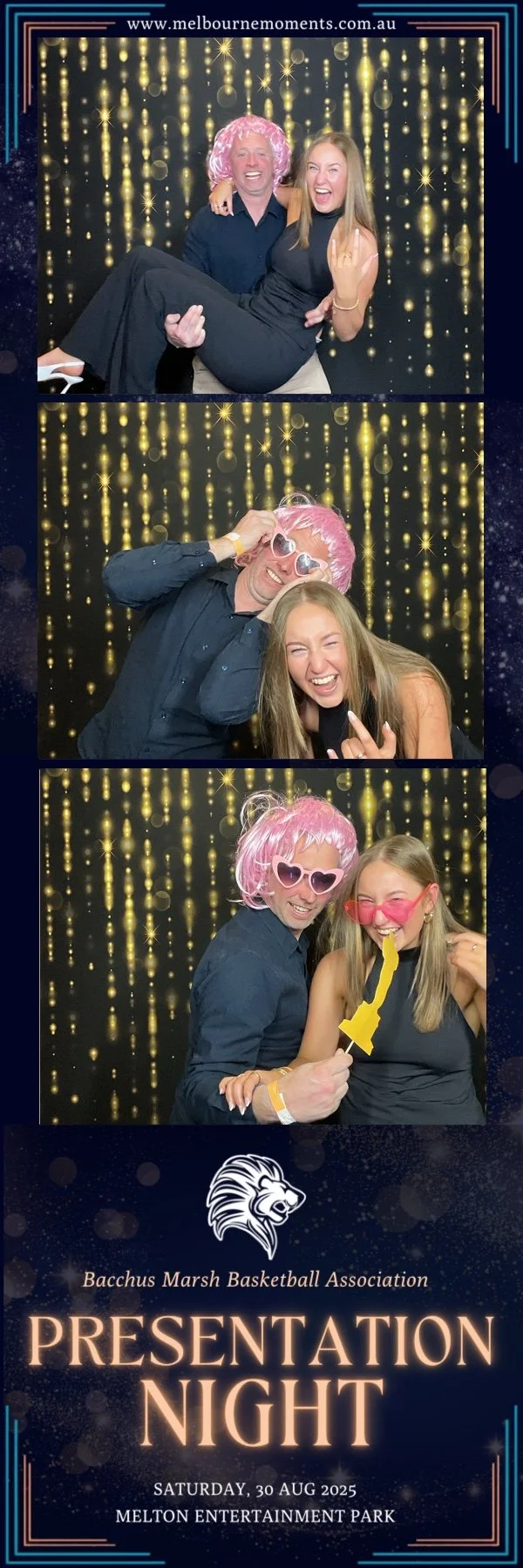 Photo strip from Bacchus Marsh Basketball Association Presentation Night, August 30, 2025 at Melton Entertainment Park, featuring people in fun props and costumes against a gold starry backdrop, celebrating the event with smiles and playful poses.