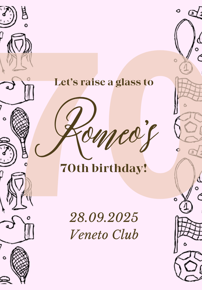 Invitation for Roma's 70th birthday celebration with sports-themed illustrations and event details.