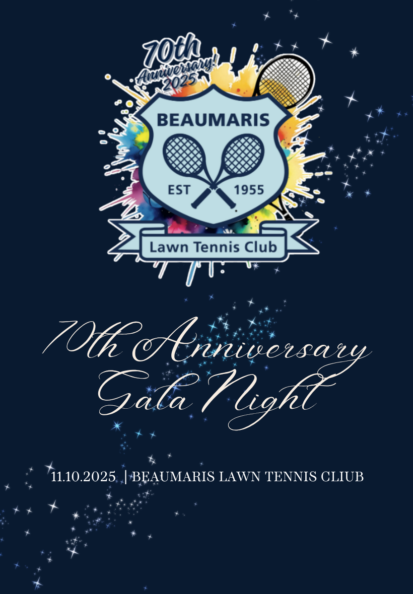Invitation graphic for the 70th anniversary gala night of the Beaumaris Lawn Tennis Club, featuring the club's crest, tennis rackets, and colorful splash background, with event date 11.10.2025.