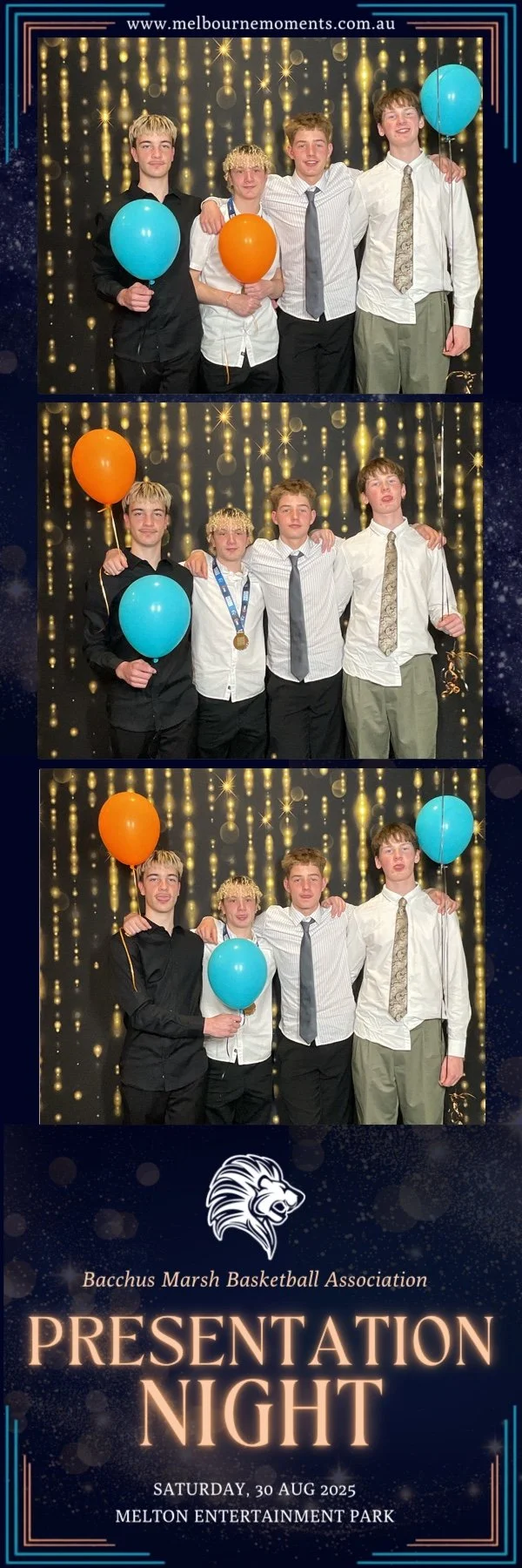 Four boys in dress shirts and ties standing in front of a gold starry backdrop holding balloons, celebrating at Bacchus Marsh Basketball Association Presentation Night on August 30, 2025, at Melton Entertainment Park.