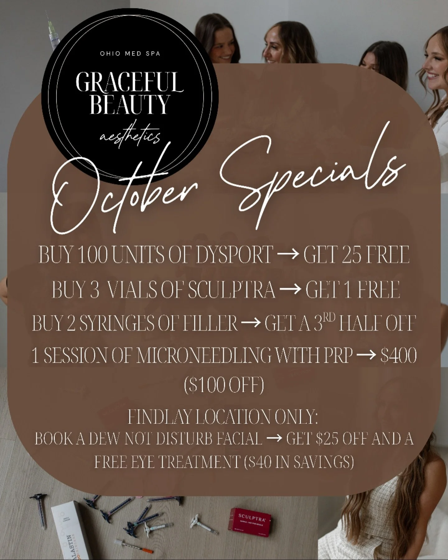 🍂✨ Fall into flawless skin this October ✨🍂

Our autumn specials are here to keep you glowing as the seasons change:

💉 Buy 100 units of Dysport &rarr; Get 25 FREE
🍑 Buy 3 vials of Sculptra &rarr; Get 1 FREE ($700 savings!)
💋 Buy 2 syringes of fi