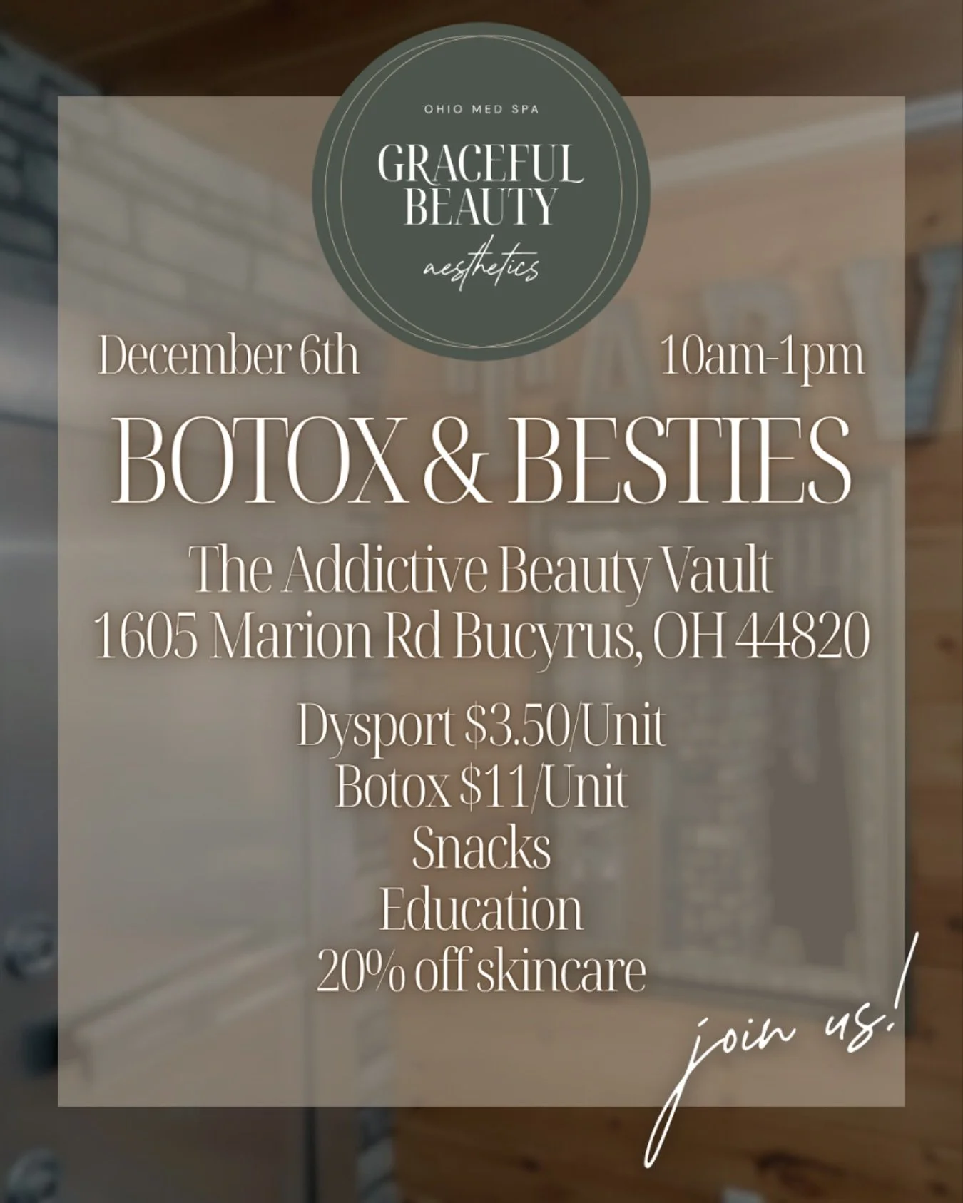 ✨ Botox &amp; Besties ✨ 
Grab your girls and join us Saturday, December 8th from 10am&ndash;1pm at The Addictive Beauty Vault (1605 Marion Rd, Bucyrus)!

Molly will be offering:
💉Dysport $3.50/unit
💉Botox $11/unit
🧼20% OFF skincare
✨Snacks, educat