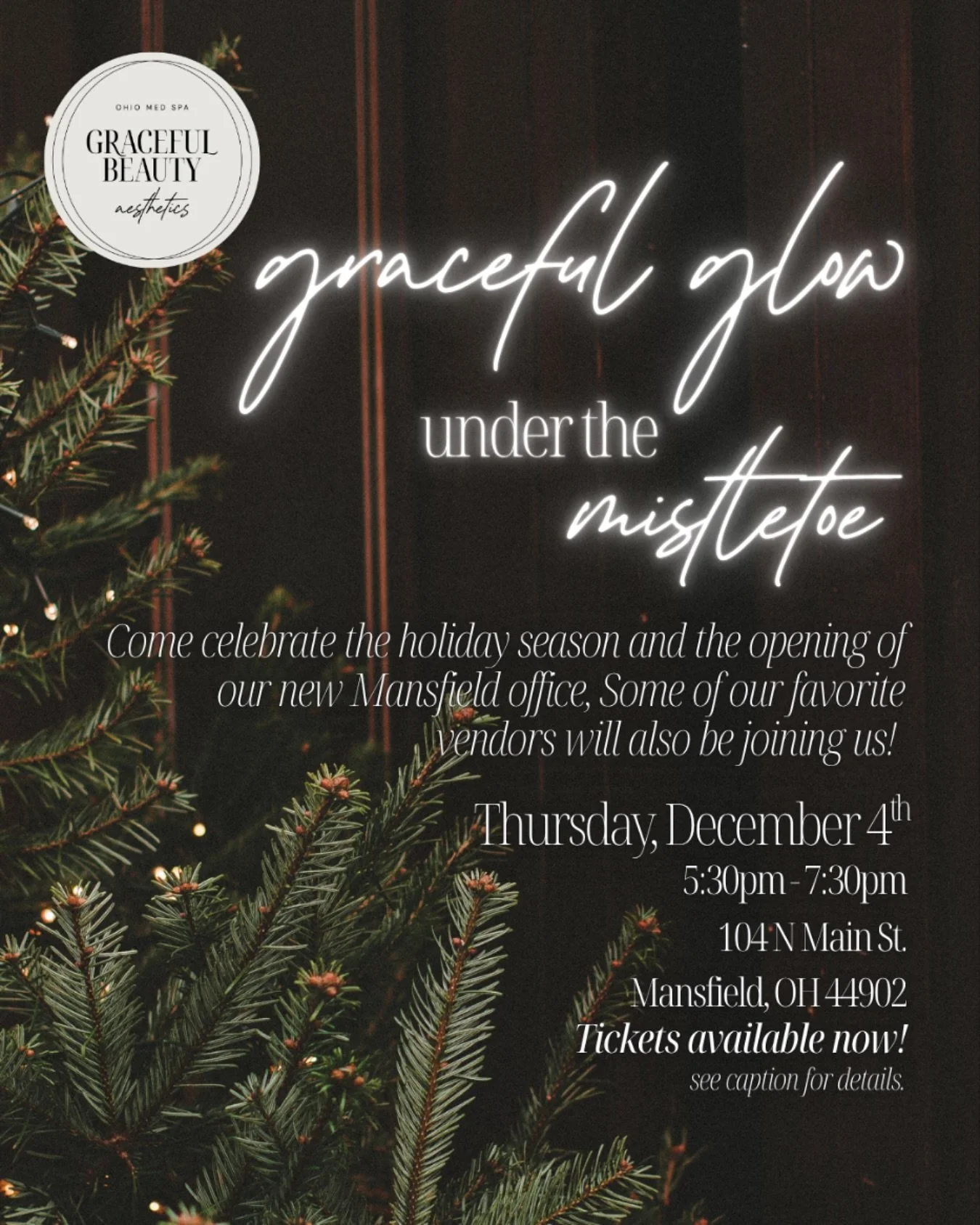 🌟JOIN US🌟 

Graceful Glow Under The Mistletoe🎄
Help us celebrate the holiday season and the opening of our new Mansfield office! Some of our favorite local vendors will also be joining us! ✨ 

🗓️Thursday, December 4th
⏰5:30PM&ndash;7:30PM
📍104 N