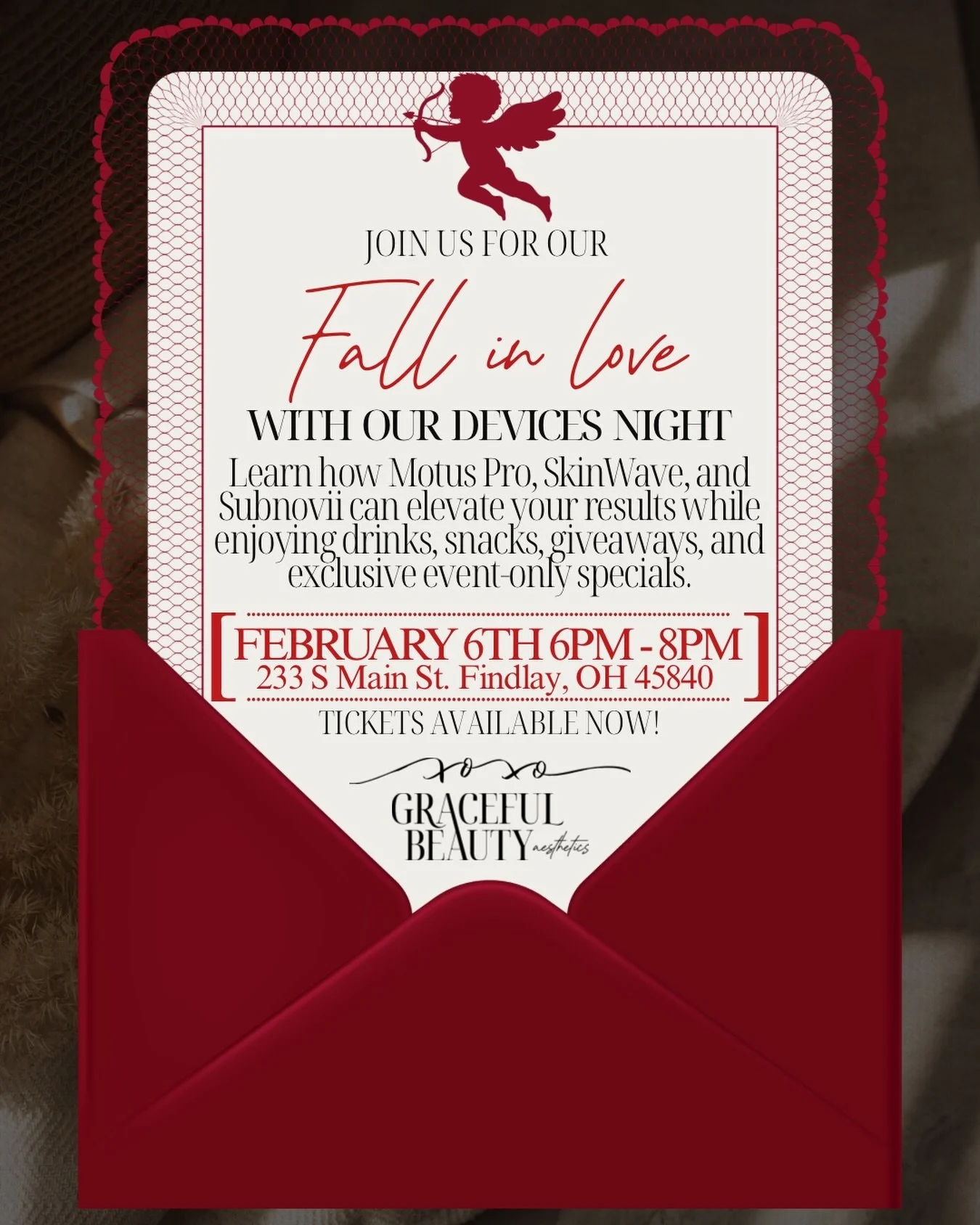 Fall in love with our devices 💗
Join us for a Valentine&rsquo;s Day&ndash;themed Device Event at Graceful Beauty Aesthetics ✨

Learn how Motus Pro, SkinWave, and Subnovii can elevate your results while enjoying drinks, snacks, giveaways, and exclusi
