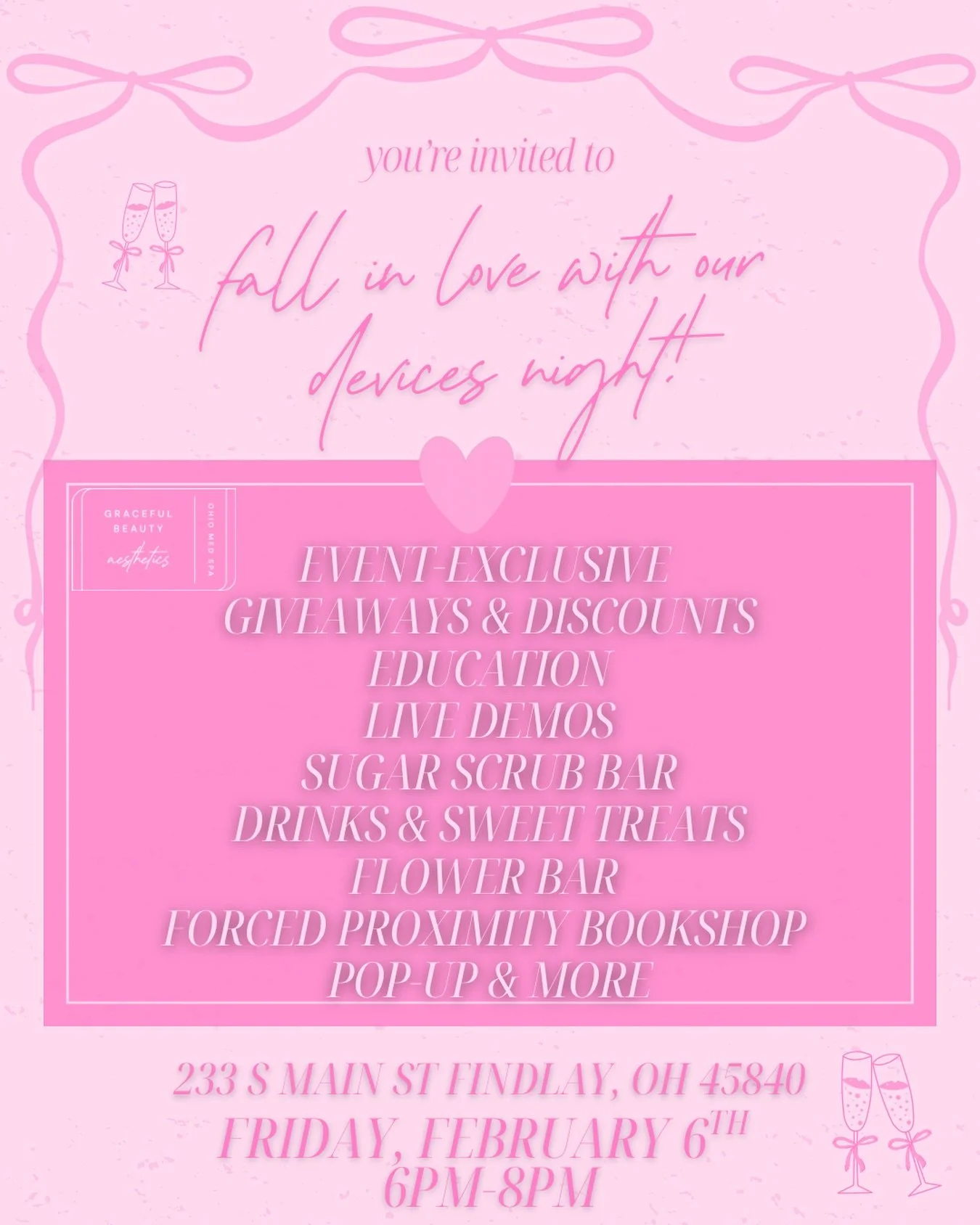 💗 You&rsquo;re invited to fall in love with our devices 💗

Grab your girls and join us for the ultimate Galentine&rsquo;s night at Graceful Beauty Aesthetics &mdash; a cozy, fun evening filled with beauty, bubbles, and a little self-care magic.

✨ 