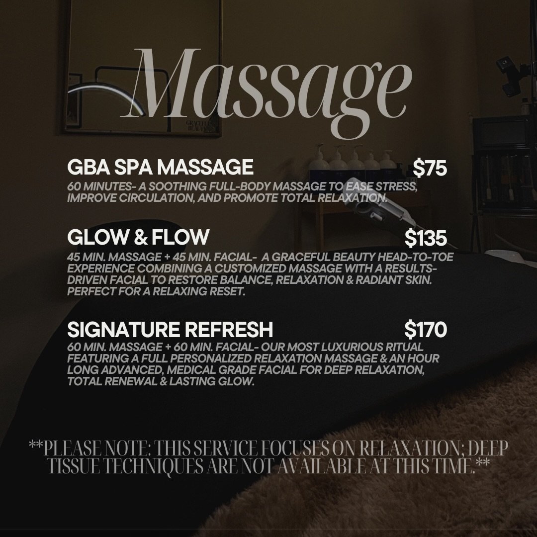 Introducing GBA Spa Massage 🤎
Designed to help you slow down, reset, and leave feeling completely restored.

🤍 GBA Spa Massage | $75
60 minutes of full-body relaxation to ease stress, improve circulation, and melt tension away.

🤍 Glow &amp; Flow 
