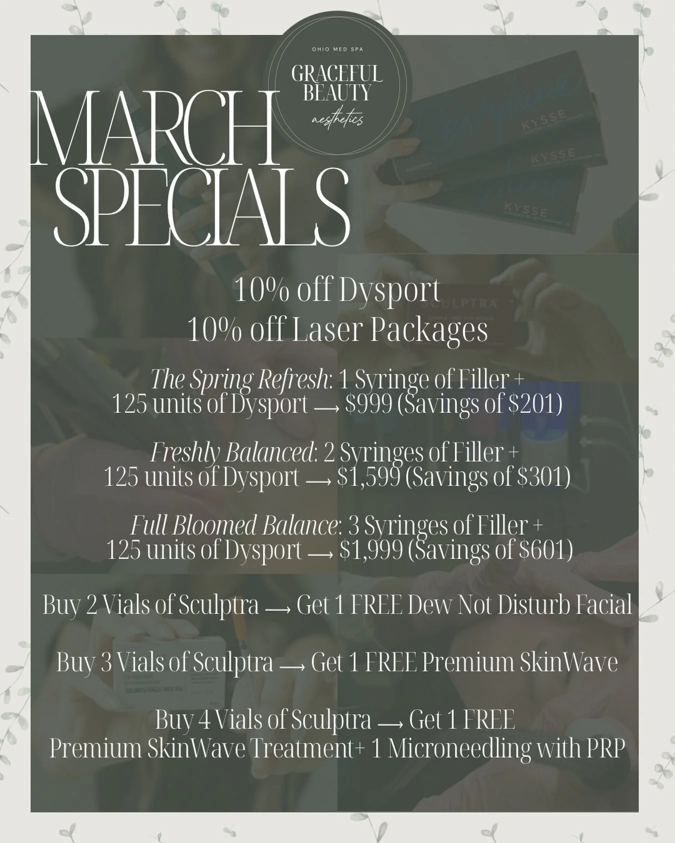 🤍 March specials are here! 
Just in time for your spring refresh✨ 

💧Subtle tweaks, collagen stimulation + skin that looks as good as it feels! 

&mdash; 10% off Dysport
&mdash; 10% off Laser Packages

Injectable bundles:

The Spring Refresh: 1 Syr