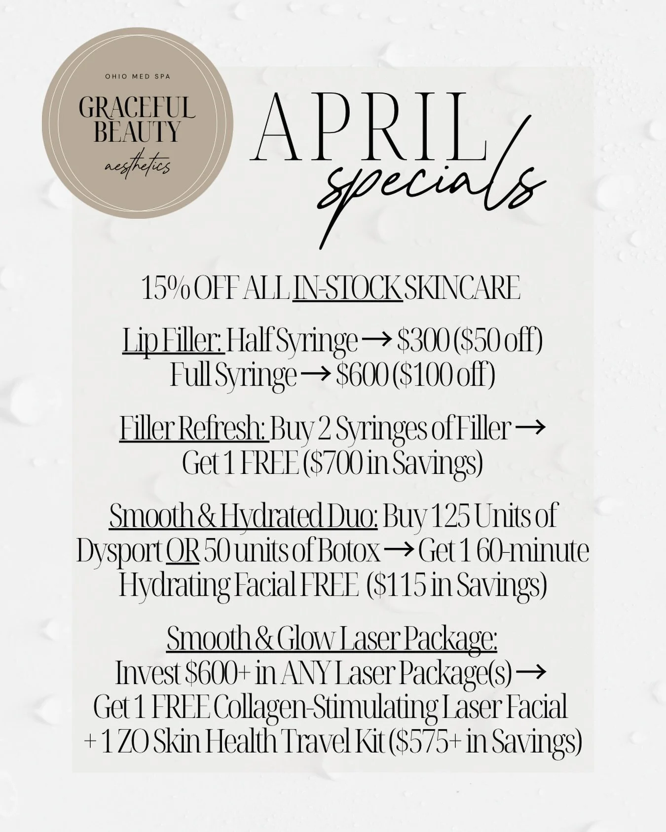 🤍APRIL SPECIALS🤍

Here&rsquo;s what we have going on this month:
💉 Filler Refresh
Buy 2 Syringes -> Get 1 FREE 👀

✨ Smooth + Glow
125 units Dysport or 50 units Botox -> Get a FREE 60-min hydrating facial 💦

💋 Lip Filler Special
Half syrin