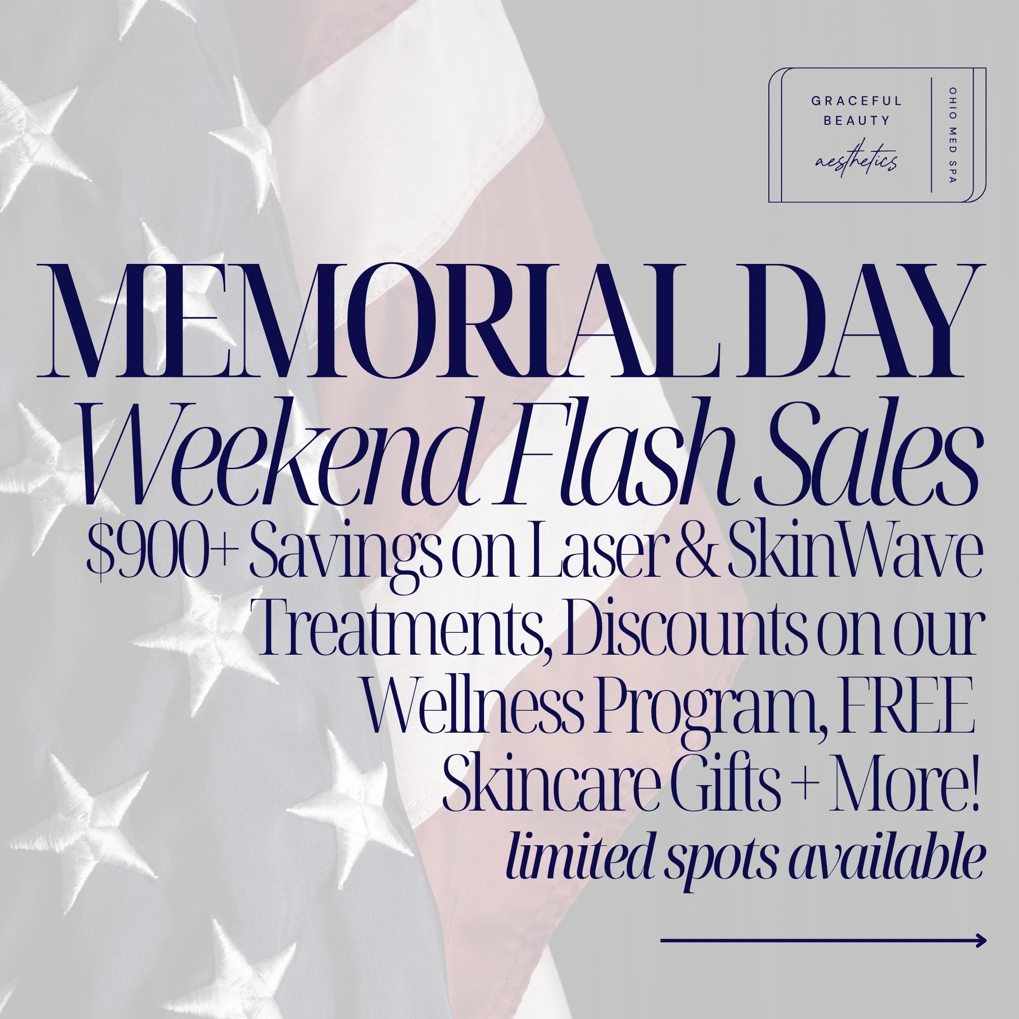 🇺🇸 MEMORIAL DAY WEEKEND SPECIALS ARE HERE 🇺🇸

Your summer glow-up starts NOW ✨
And trust us&hellip; these won&rsquo;t last long 👀

This weekend only:

✨ Spend $1,200+ on laser packages and receive:
&bull; FREE Underarm Laser Hair Removal Package