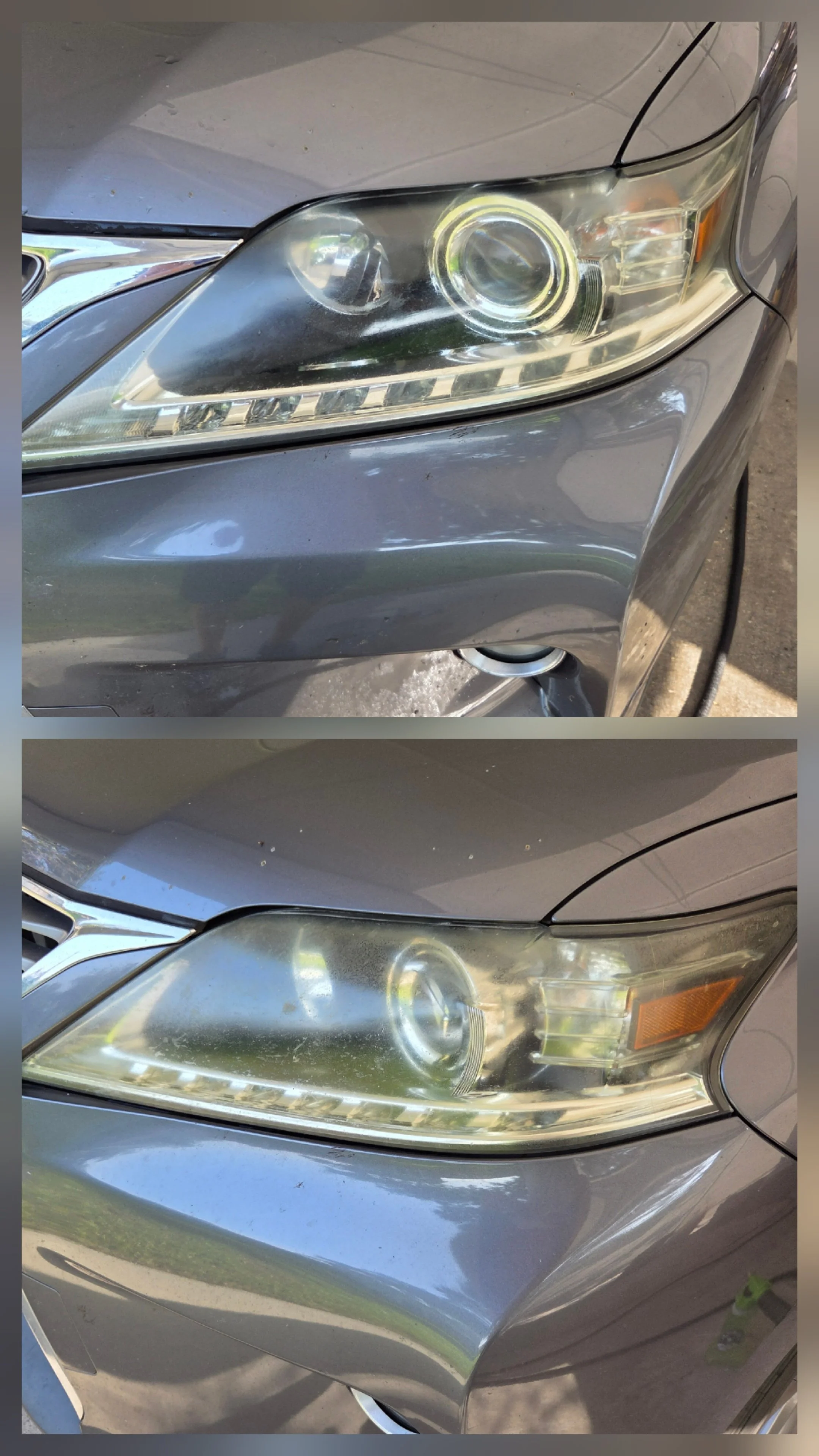 Comparison of two car headlights, showing the top headlight clear and clean, and the bottom headlight cloudy and foggy.