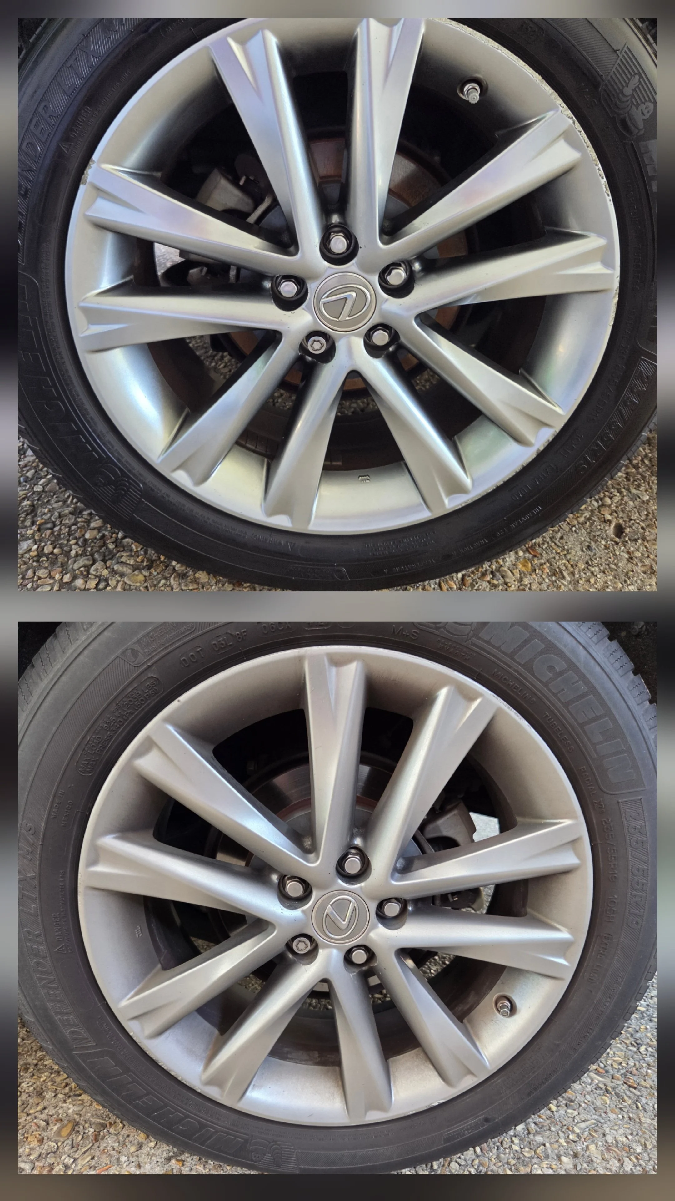 Two images of a silver Lexus car wheel, showing before and after cleaning.