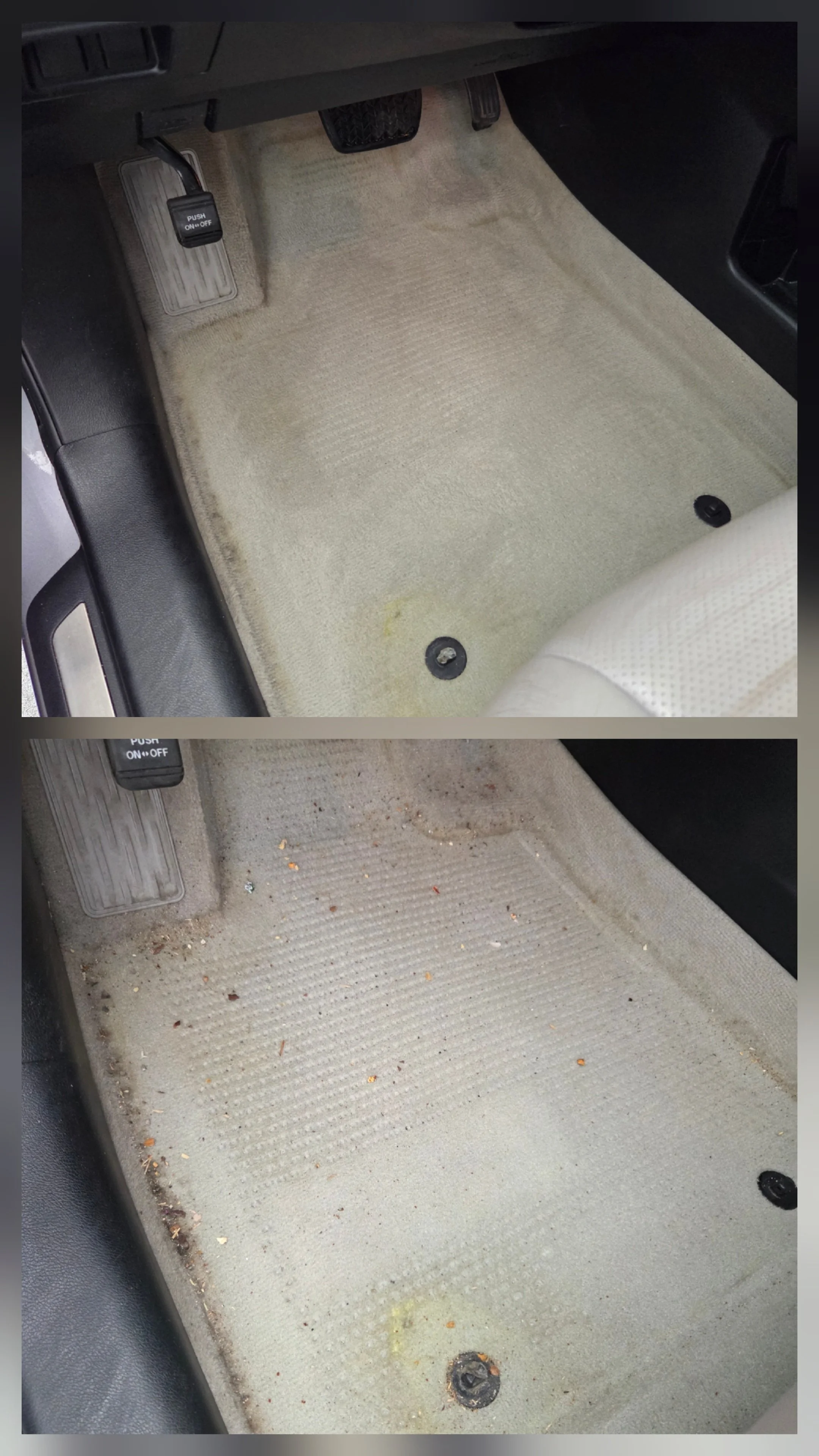 Comparison of a clean and a dirty car floor mat showing dirt, debris, and stains in the dirty mat.
