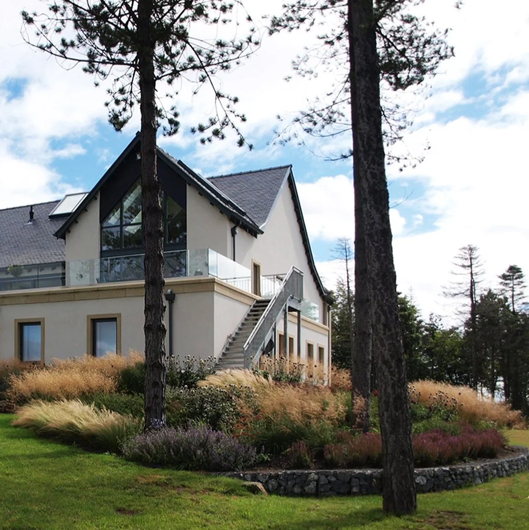 Windblown coastal garden with Pine trees and a house.