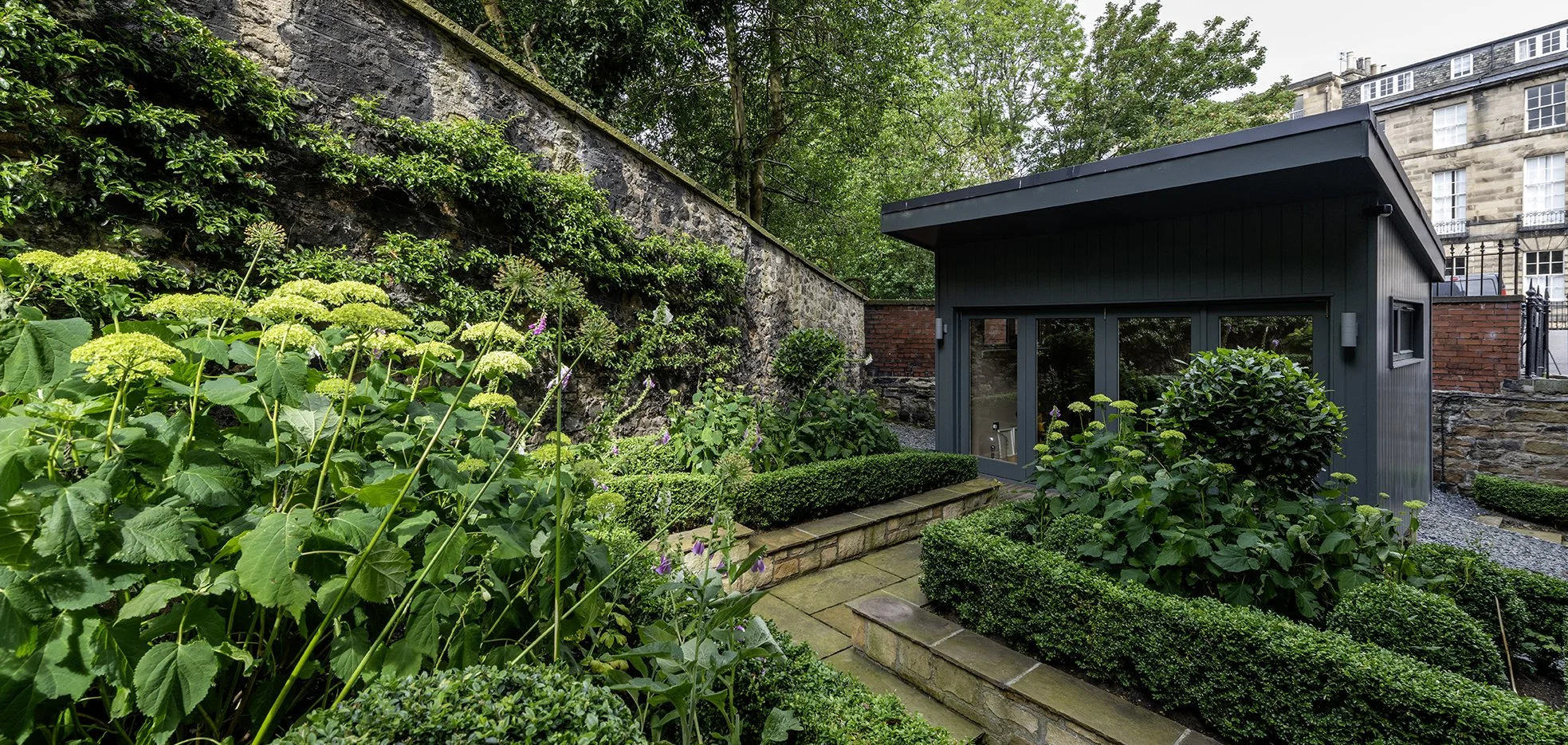 Espaliered trees in a shady garden, Edinburgh