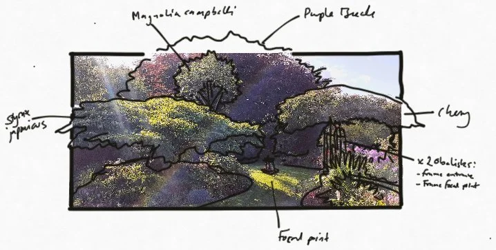 An annotated image of a woodland garden in a sketchy style