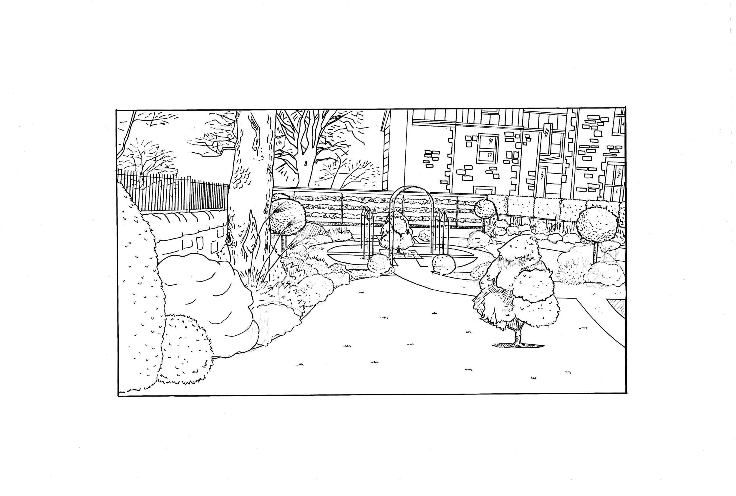 Hand drawn picture of a garden with a formal parterre at one end, Edinburgh