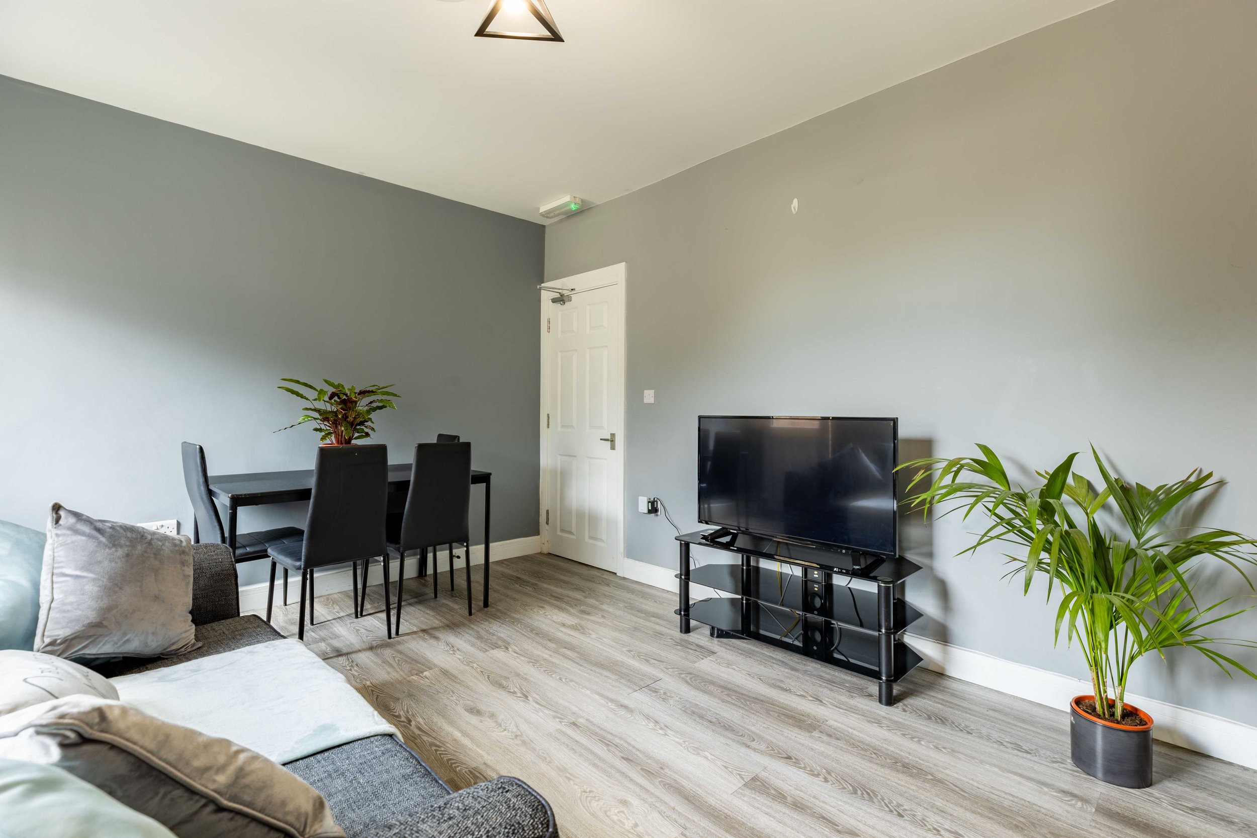 Modern living room with gray walls, TV on a black stand, gray sofa with pillows, plant in a pot, dining table with black chairs.