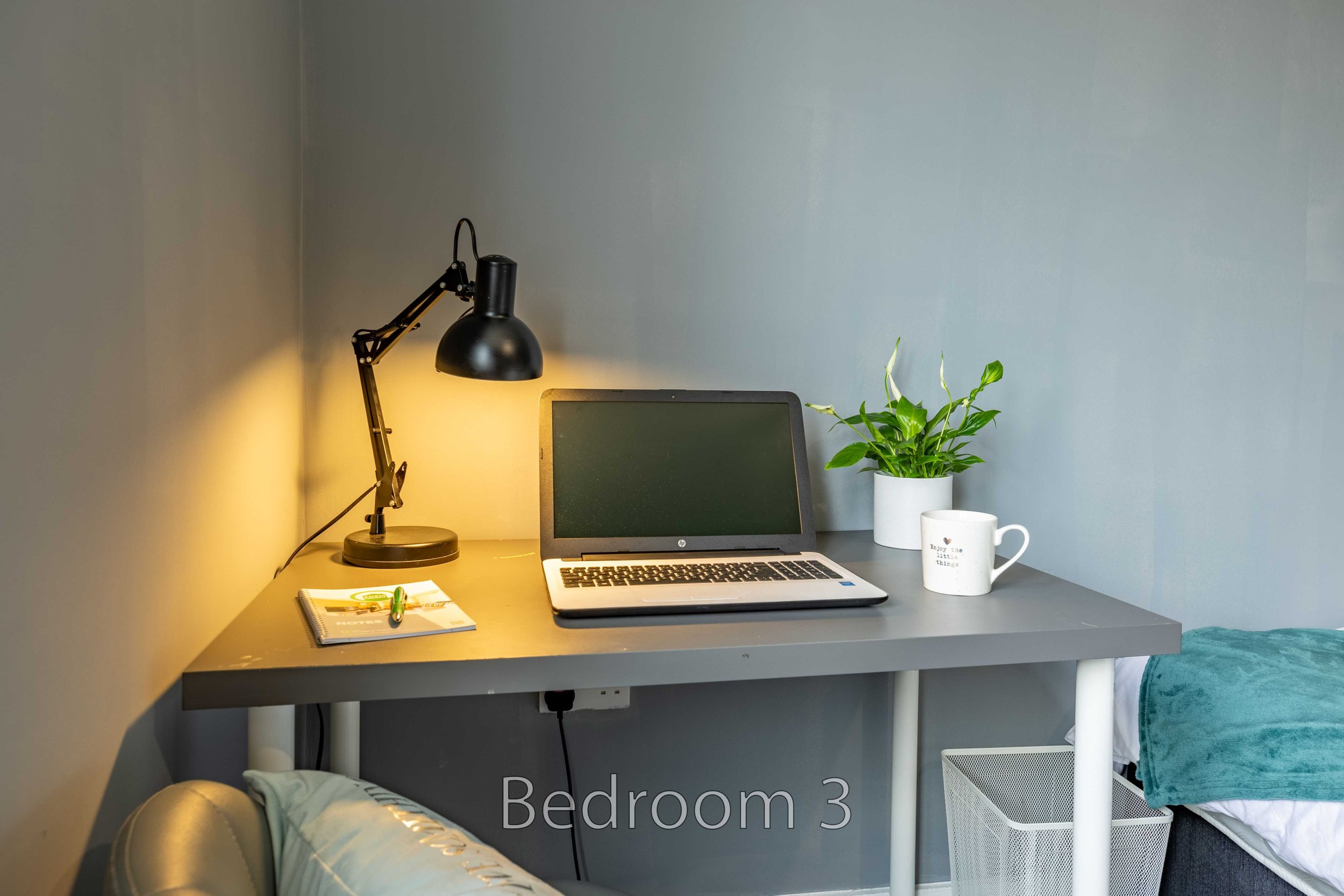 A modern workspace with a laptop, desk lamp, and potted plant on a gray desk, labeled 'Bedroom 3'. A mug and notebook with a pen are also present.