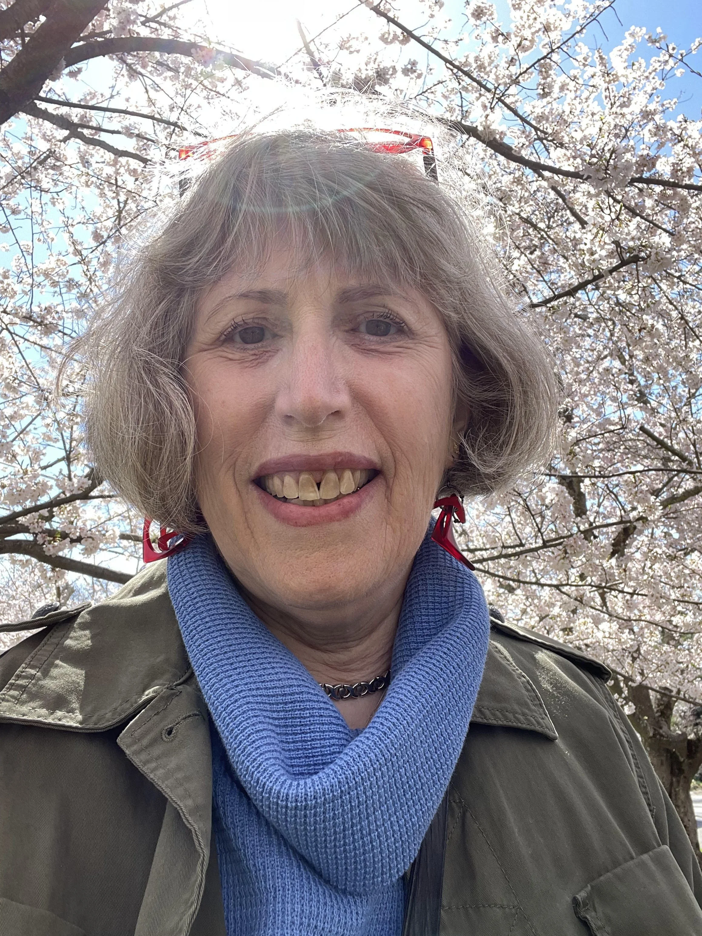 A person with short grey hair, a bright blue turtleneck with a grey jacket. Full bloom cherry blossoms are showing behind them.