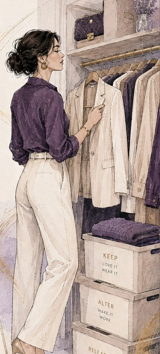 Illustration from the book showing a wardrobe edit and a Wardrobe Edit Checklist