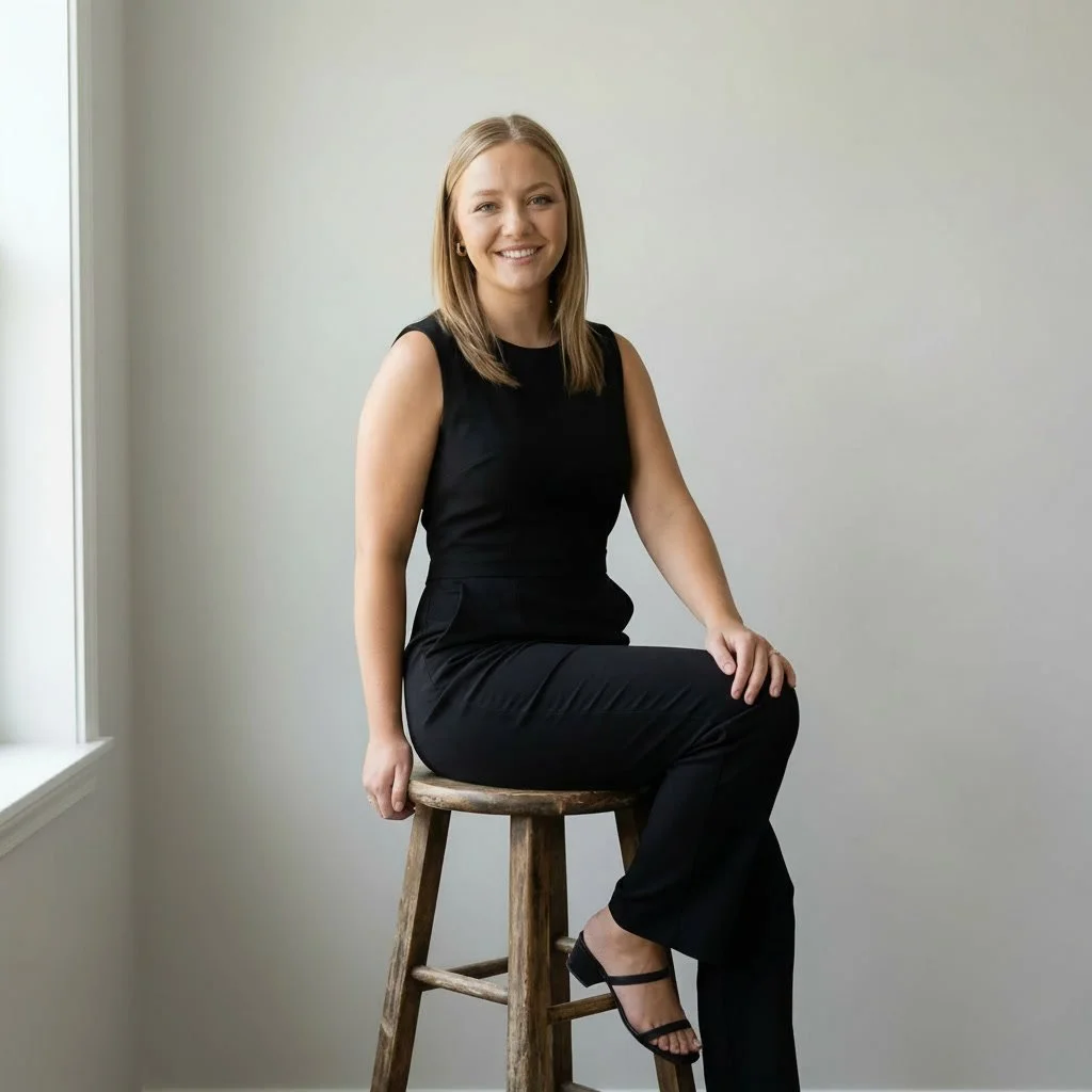 Young woman with blonde hair smiling, standing with arms crossed in front of a large tree during daytime.