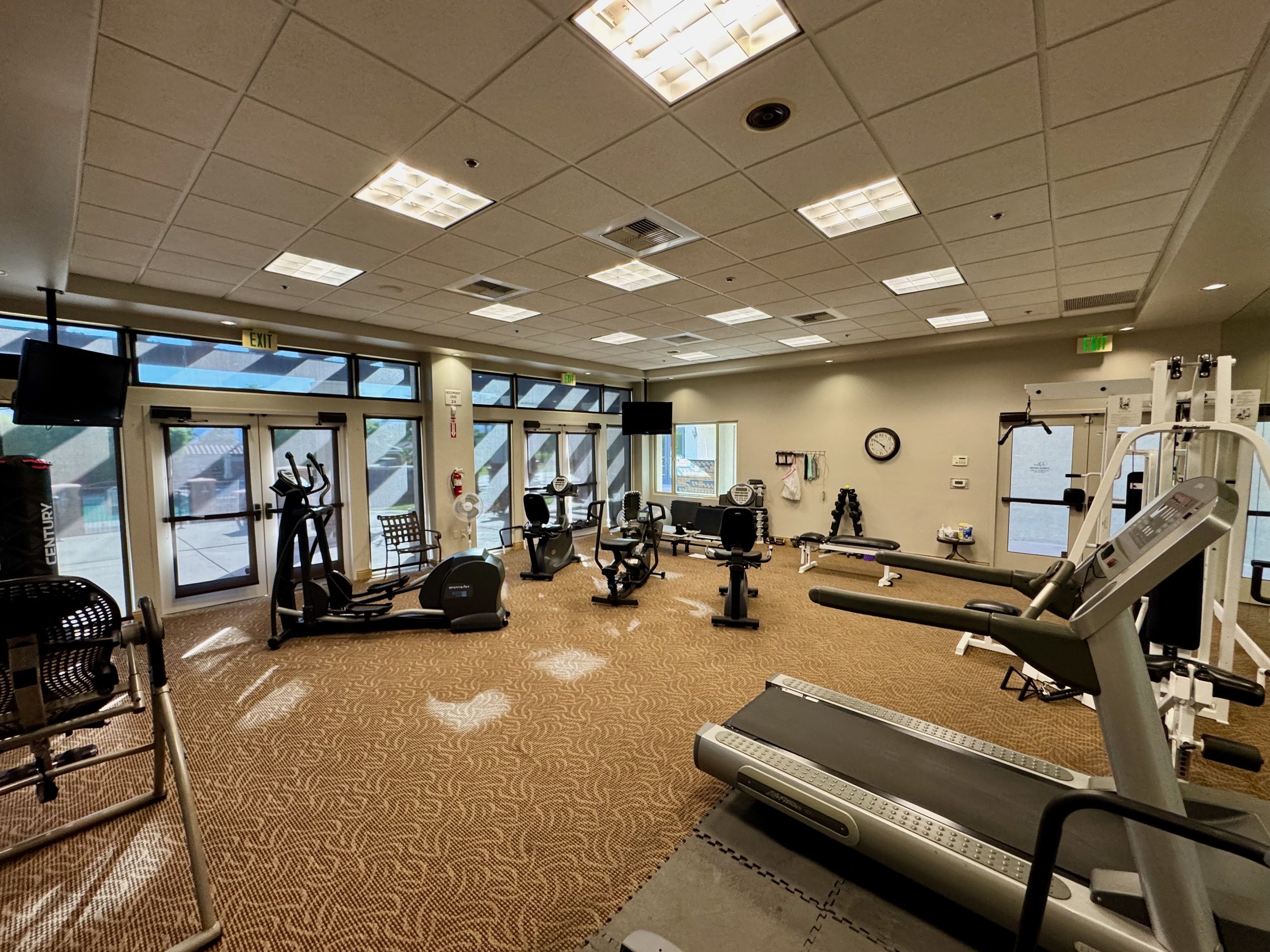 Empty gym room with exercise equipment including treadmills, elliptical machines, weight benches, and a punching bag, with large windows and overhead lighting.