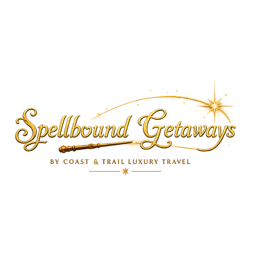 Spellbound Getaways logo with a wand and magic trail of sparkles in gold