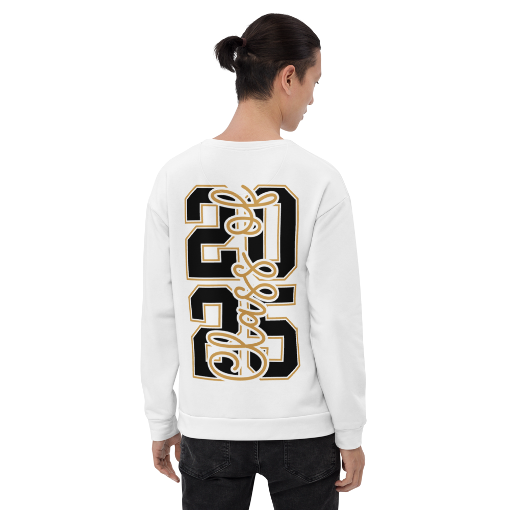Back of person wearing white sweatshirt with bold black and gold lettering reading '2023' and cursive text 'Good Vibes' on the back.