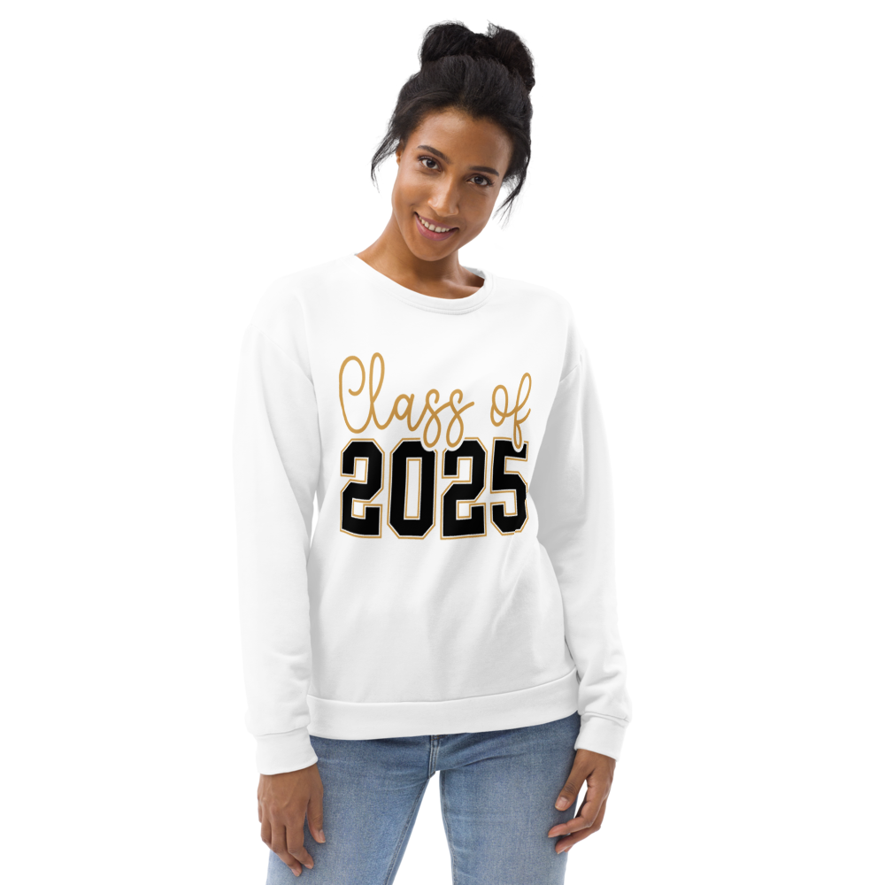 Young woman wearing a white sweatshirt that says 'Class of 2025' in gold and black letters, smiling and standing with one hand near her thigh and the other arm relaxed.