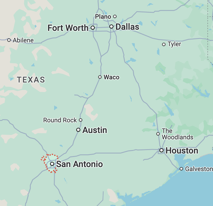 Map showing major cities in Texas including Fort Worth, Dallas, Waco, Austin, San Antonio, Houston, and nearby locations.