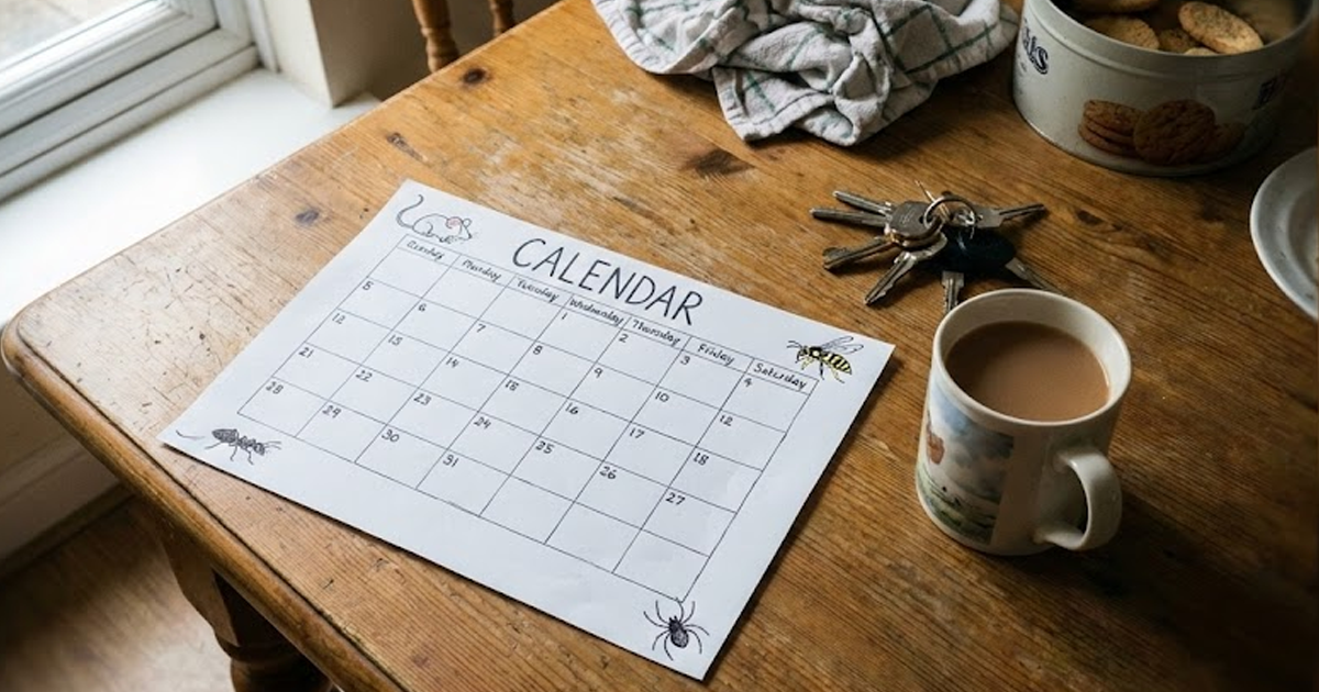 Hand drawn monthly pest calendar on a wooden table with a mug of tea and house keys.