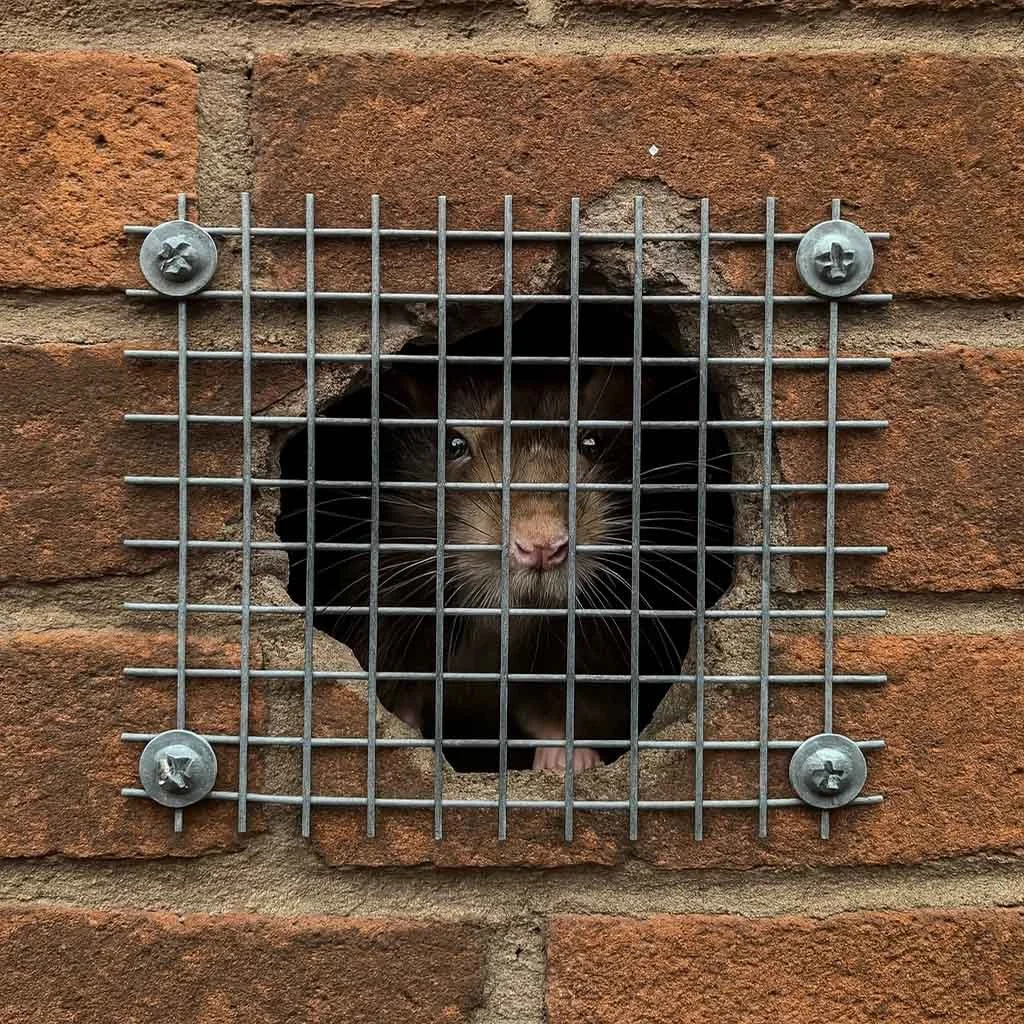 Rat peeking through brick wall hole behind metal mesh, showing professional rat proofing and rodent prevention on external walls in Essex.