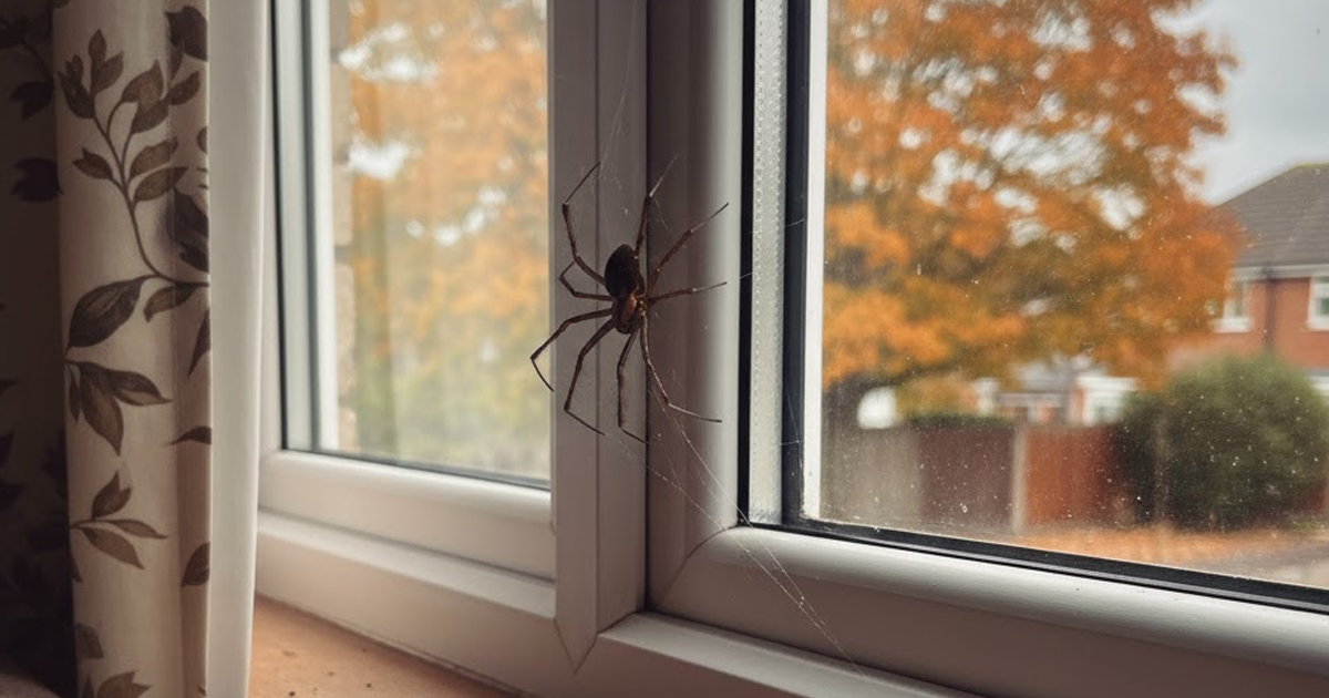 Large house spider on an indoor window frame with fine web strands.