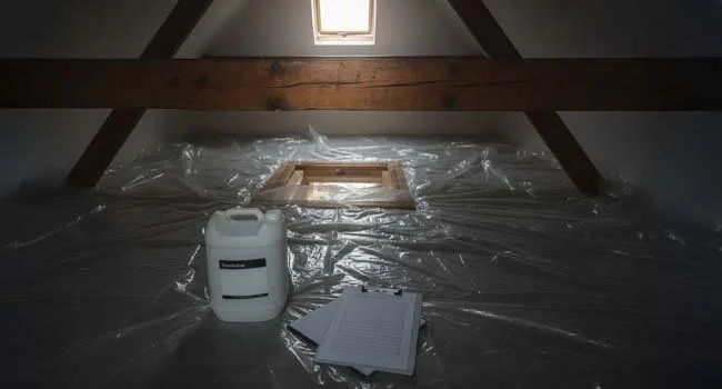 Loft prepared for professional woodworm treatment with protective sheets, treatment fluid and report, for buyers considering a house with woodworm.